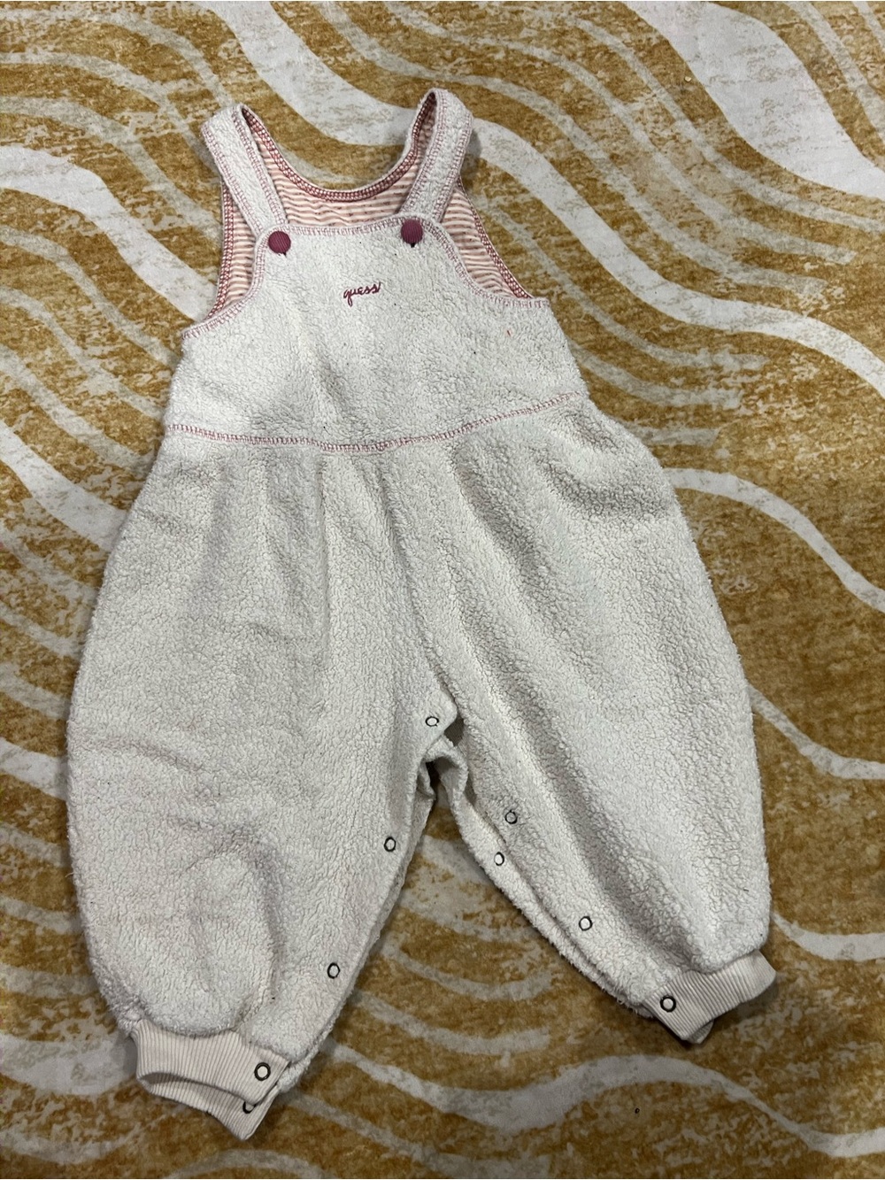 Vintage Guess Baby Cream Sherpa Overalls with Pink Accents